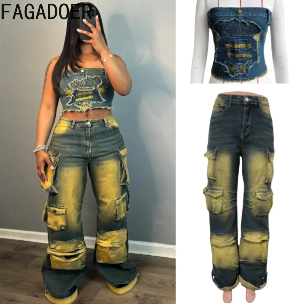 

FAGADOER Vintage Denim Fashion Embroidery Tube Two Piece Sets Women Sleeveless Zipper Slim Crop Top And Cargo Jeans Pants Outfit