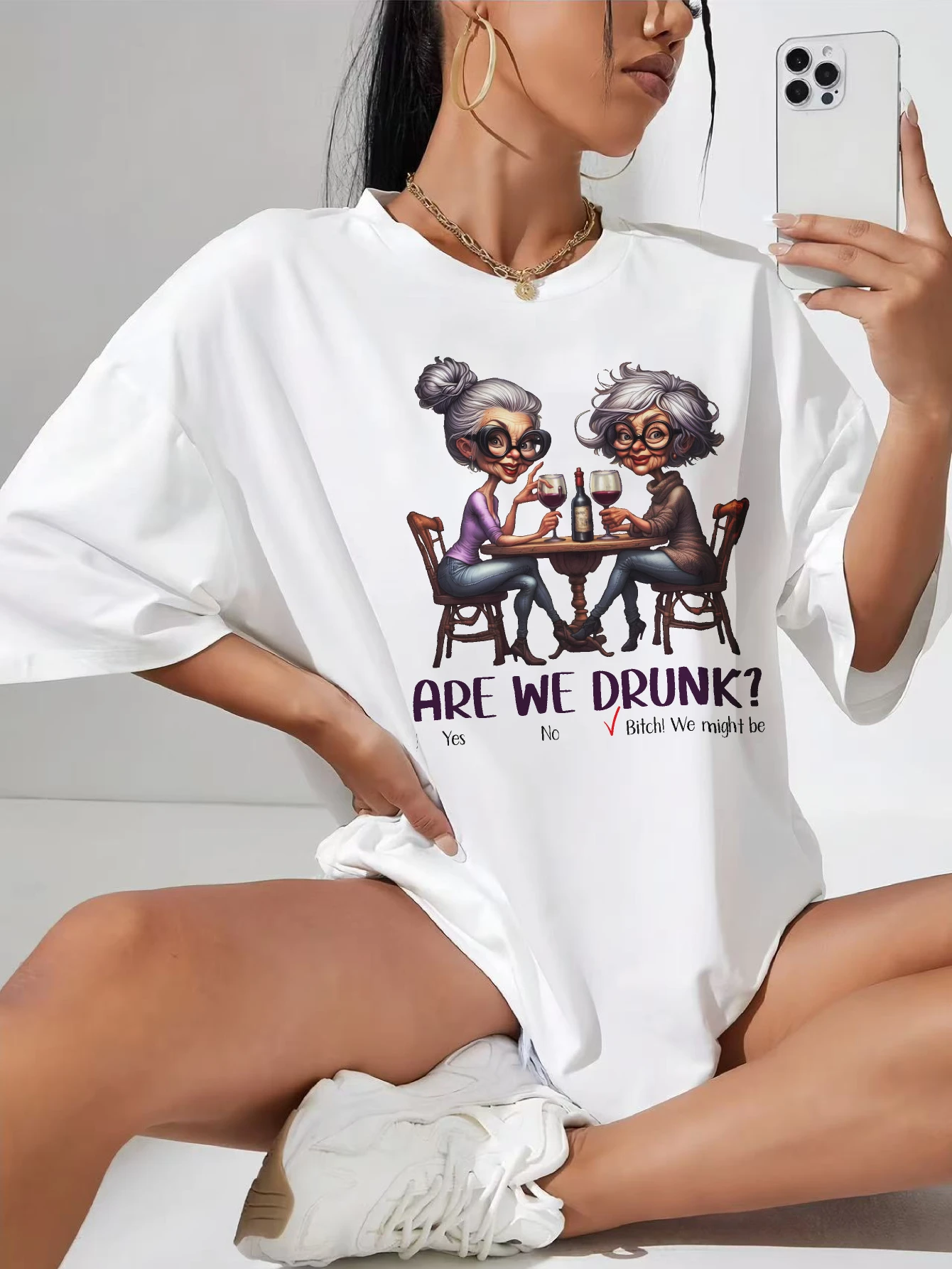 

are we drunk Stylish White Women's T-Shirt Perfect for Summer Days Festivals with a Relaxed Fit