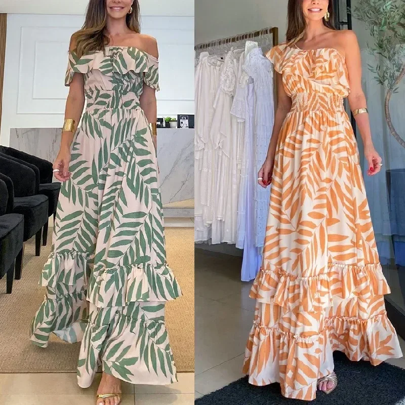 2023 여름 보헤미안 드레스 여성 캐주얼 비치 스타일 오프숄더 드레스 반팔 슬래시 넥 플로럴 보호 롱 드레스