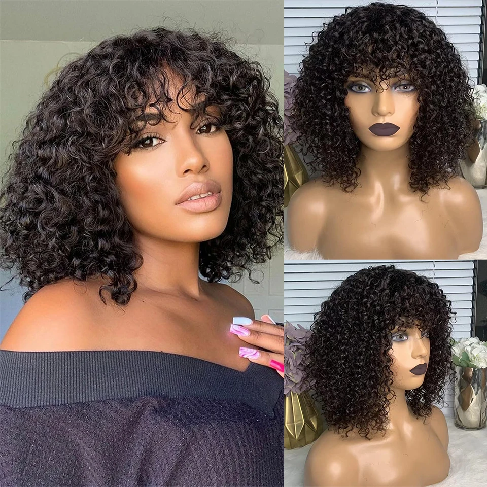 

Short Bob Curly Human Hair Wigs with Bangs Wear and Go Glueless None Lace Front Human Hair Wigs 100% Brazilian Hair Human Hair