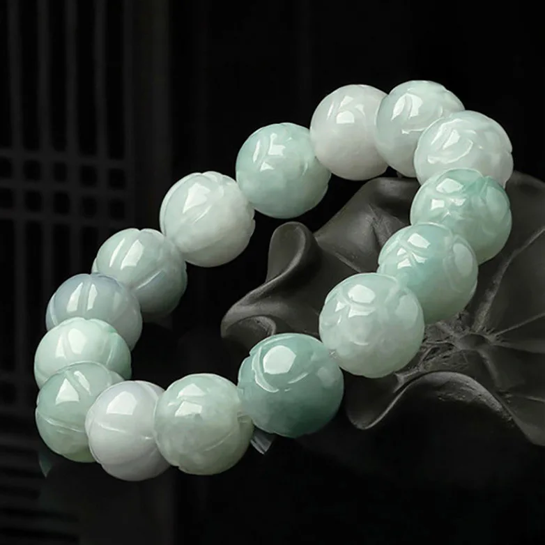 Natural Myanmar Jadeite Lotus Bracelet 13.5mm Bead Jade Strings Men's Hand Strand Jewelry Women's Gifts Wholesale Drop Shipping - Image 2