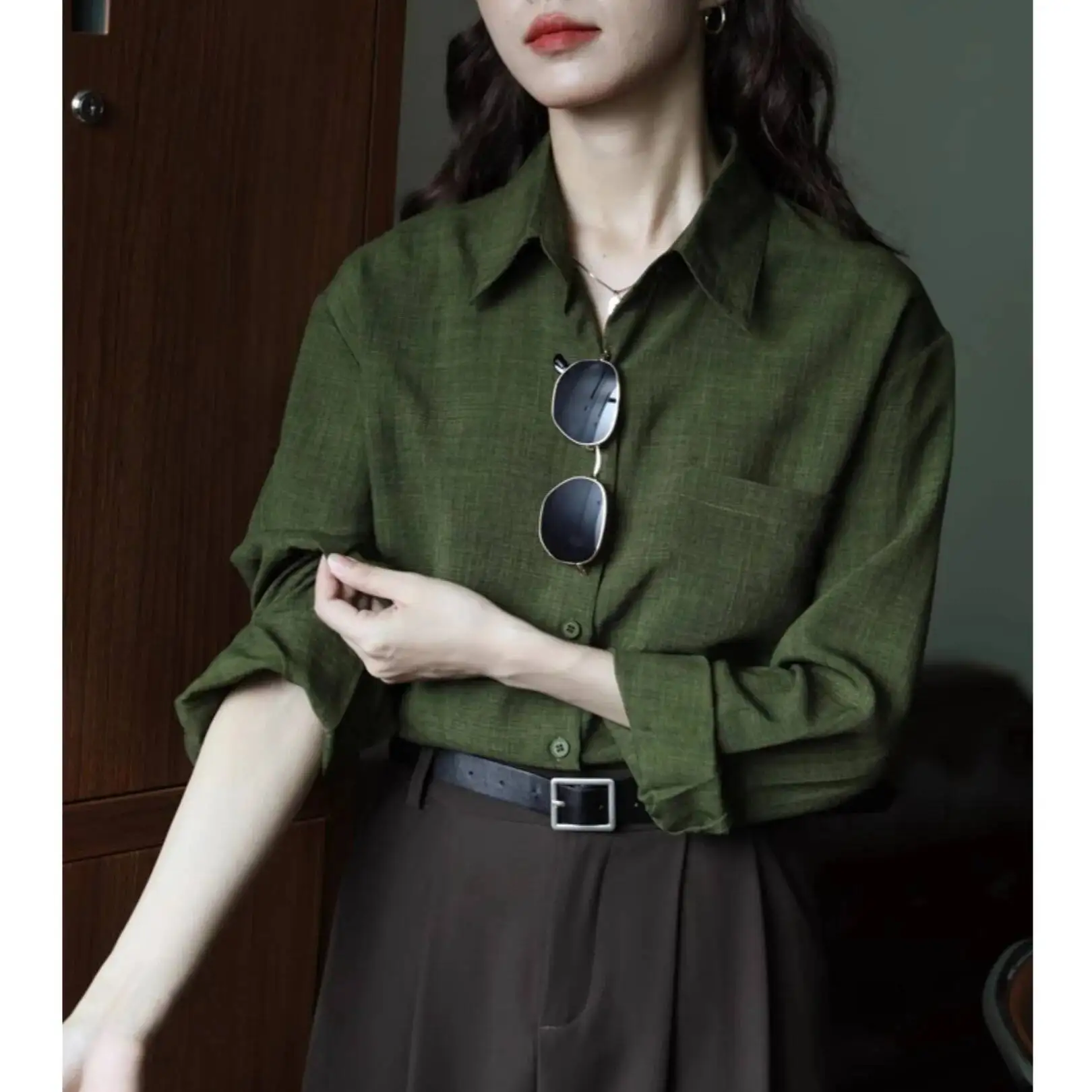 

Loose Long Sleeve Women's Shirt Green Design Sensation Inner Wear Vintage Hong Kong Style Solid Color Slimming Autumn New Top