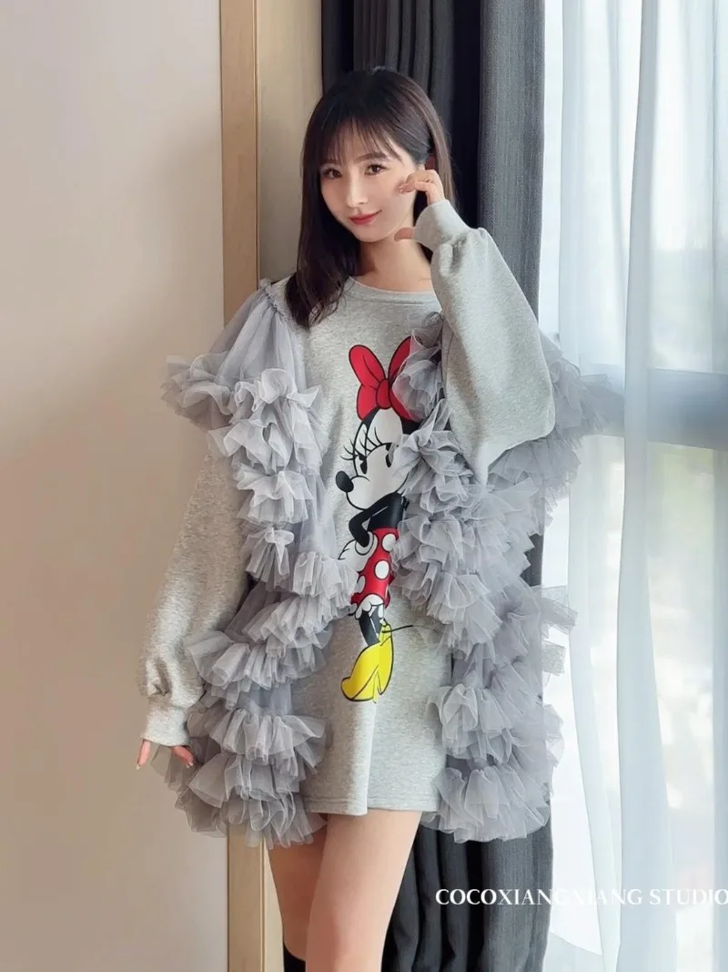 Trendy Brand Unique Design Autumn Winter Chic Heavy Industry Fluffy Mesh Splicing Cartoon Loose And Thin O-neck Sweatshirt Dress