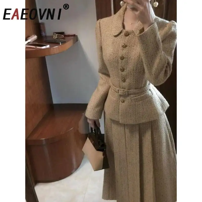 

EAEOVNI Elegant Women 2 Piece Set Fashion Button Belt Jacket Coat + A Line Long Skirt Temperament 2025 New Clothing