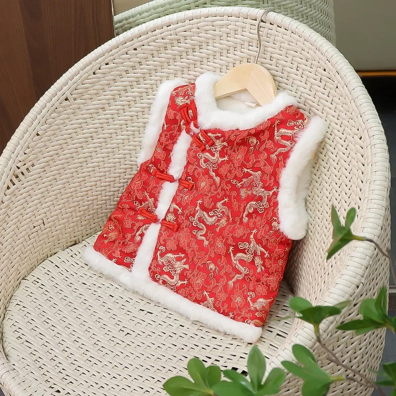 

Retro Traditional Baby Kids Tang Suit Hanfu Tops Vest Children Winter Warm Waistcoat Festive Boy&Girl Chinese New Year Clothes