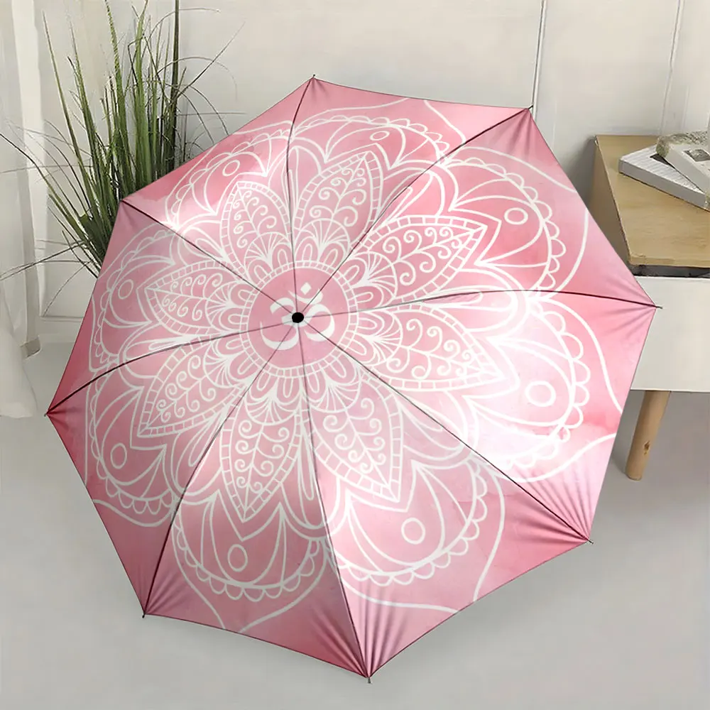 1PC Elegant Pink Umbrella with Mandala Art Pattern Print 8 Iron Ribs Folding Umbrella Auto-Open Fashion Sunshade