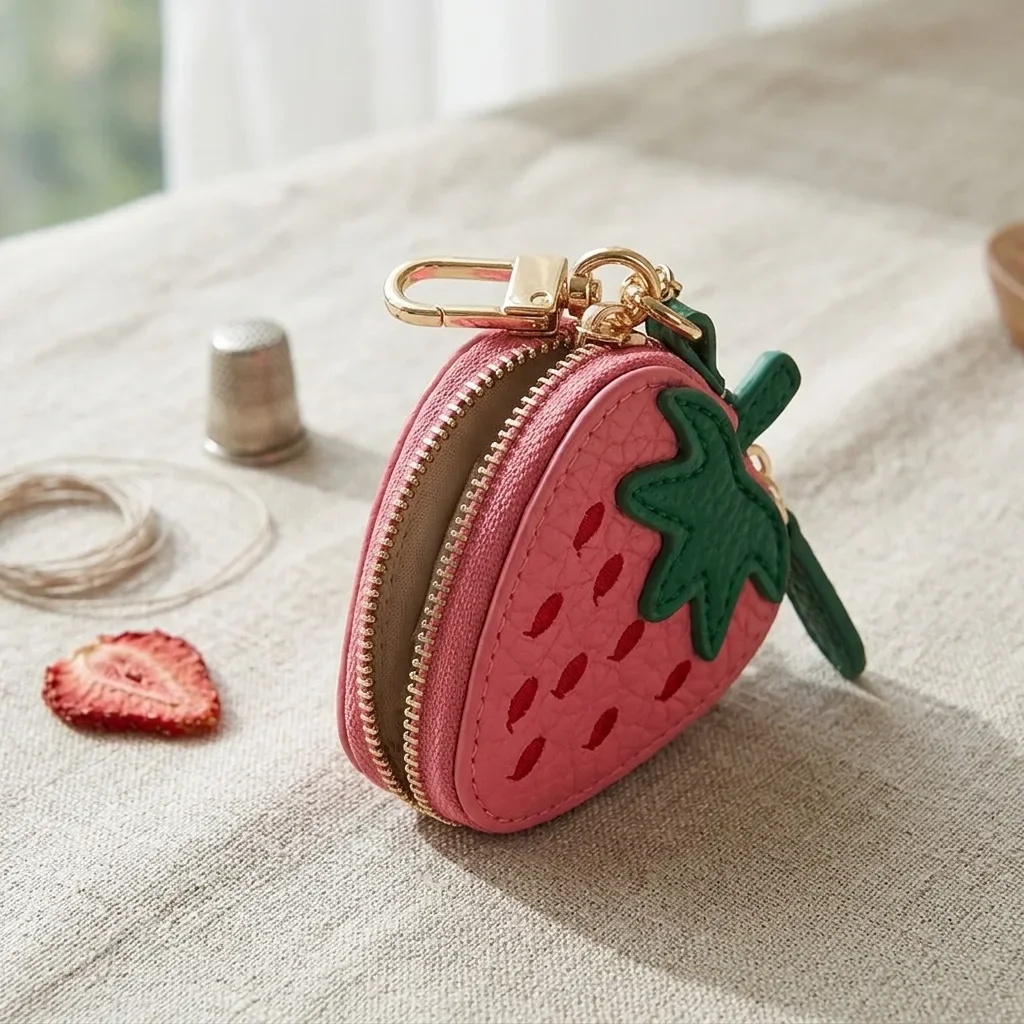 Strawberry Huller - Süße rosa Erdbeer-Design-Geldbörse aus Kunstleder, tragbare