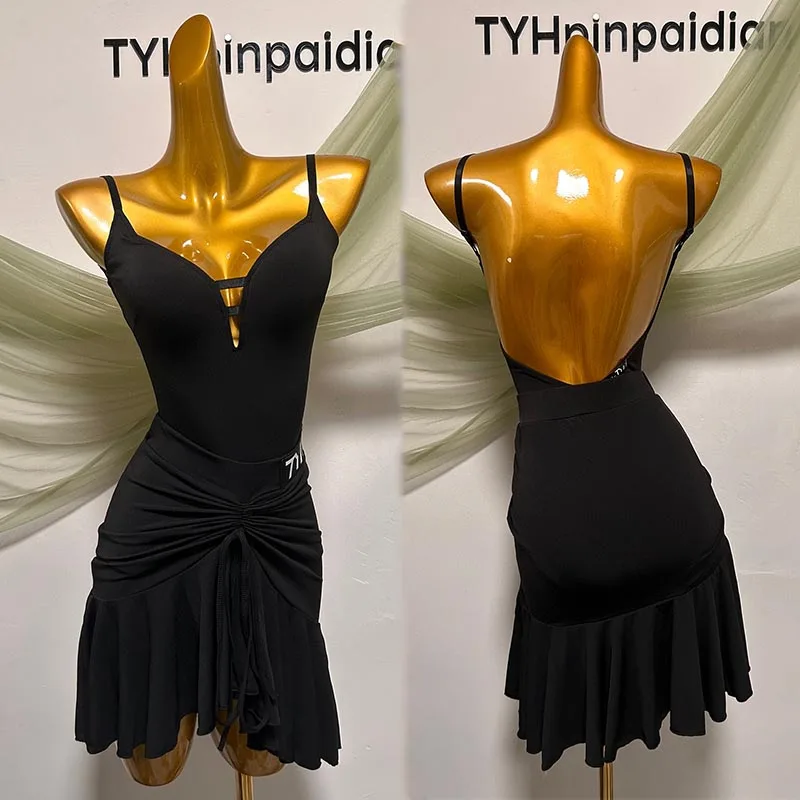 

Black Latin Dance Suit Women Sleeveless Top Ruffled Practice Skirt Tango Samba Performance Clothes Chacha Dance Stage Wear 1518