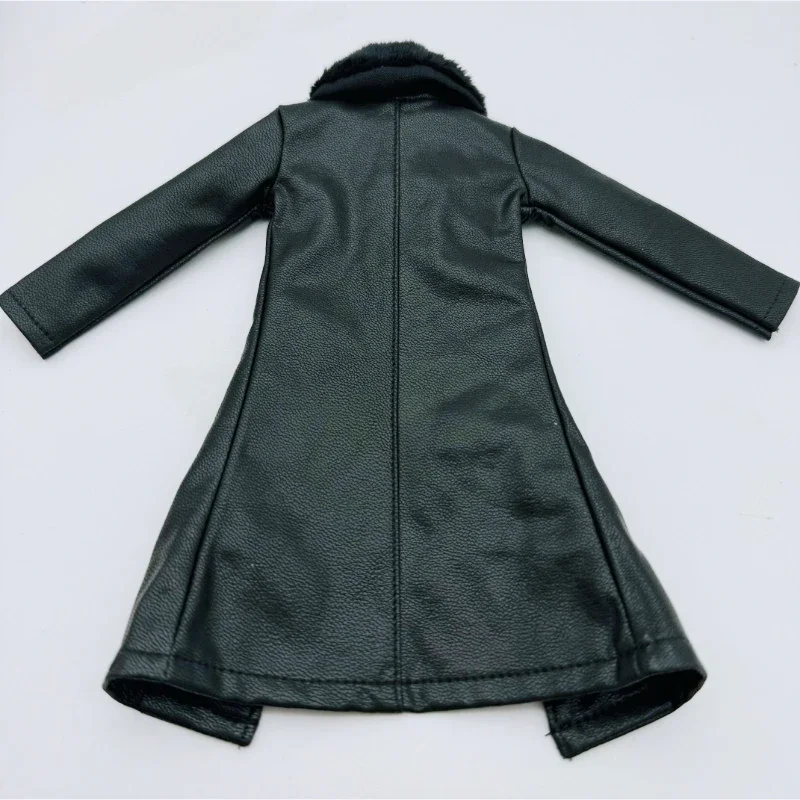 Black 1/6 Scale Male Pu Leather Windbreaker Long Coat Furry Collar Lapel Clothes Model for 12in Action Figue Accessory