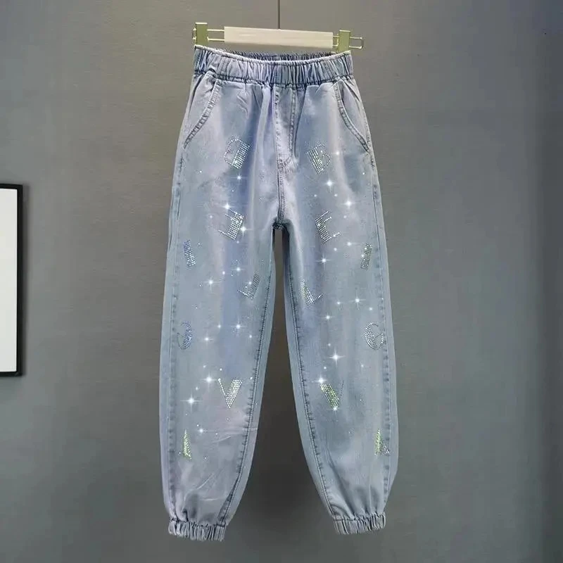 

2026 New High waisted Jeans For Summer Loose Elastic waist Hot pressed Diamond Pants Women's Casual Denim Trousers