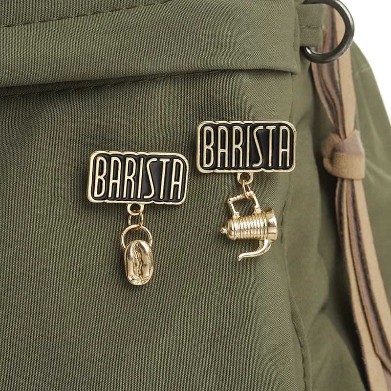 Barista Enamel Pins Custom Brooches with Pendant Coffee Mug Pot Bean Lapel Badges Vintage Jewelry Gift for Kids Friends
