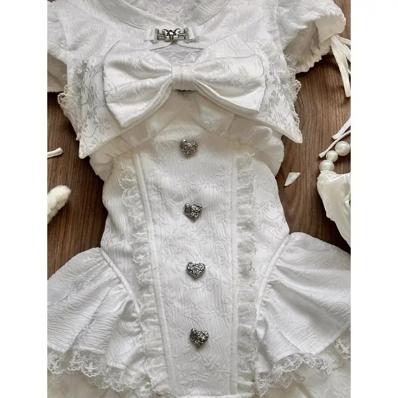 Heart Button Hollow Out Big Bow Bubble Short Sleeved Top Pleated Skirt Two Piece Sets Womens Outifits Crop Shirt Lolita Dress view 2