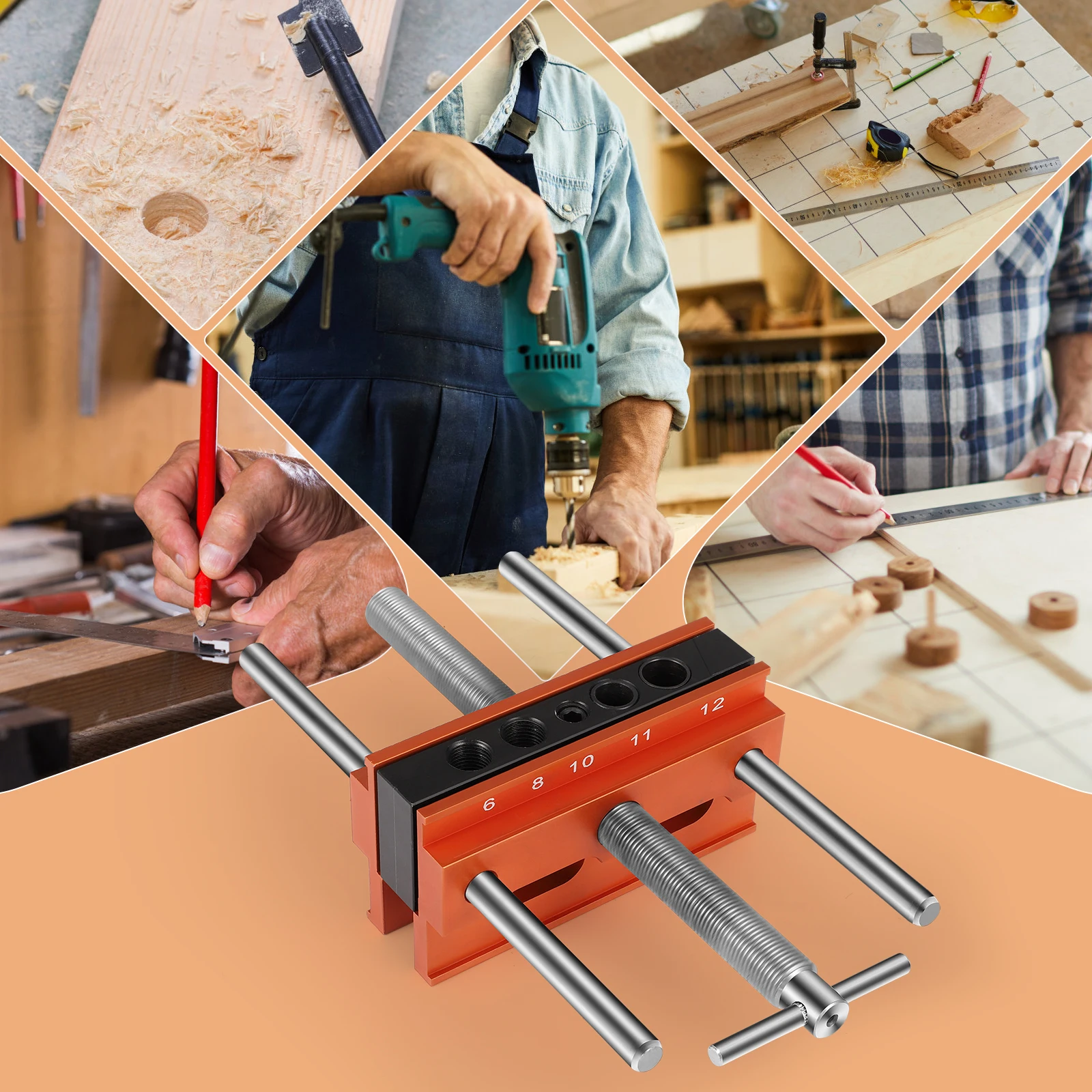 

Регулируемый алюминиевый шаблон-приспособление для сверления отверстий под дюбели и карманы (6-12 мм) для деревообработки