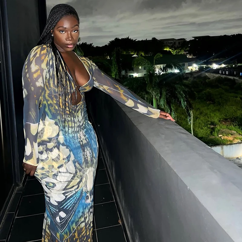 Butterfly Print Dress Woman Metal Ring Hollow Low-Neck Full Sleeve Splits Robe Midnight Elegant Sexy Faashion Vestidos