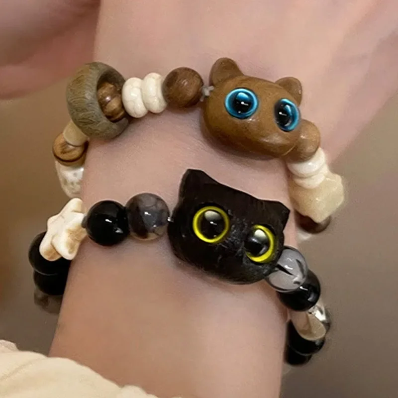 Unisex Keramische Kat Kralen Elastische Armband Voor Meisjes Kawaii Kralen Keramiek Kat Hanger Bedelarmbanden Sieraden Cadeau Accessoires