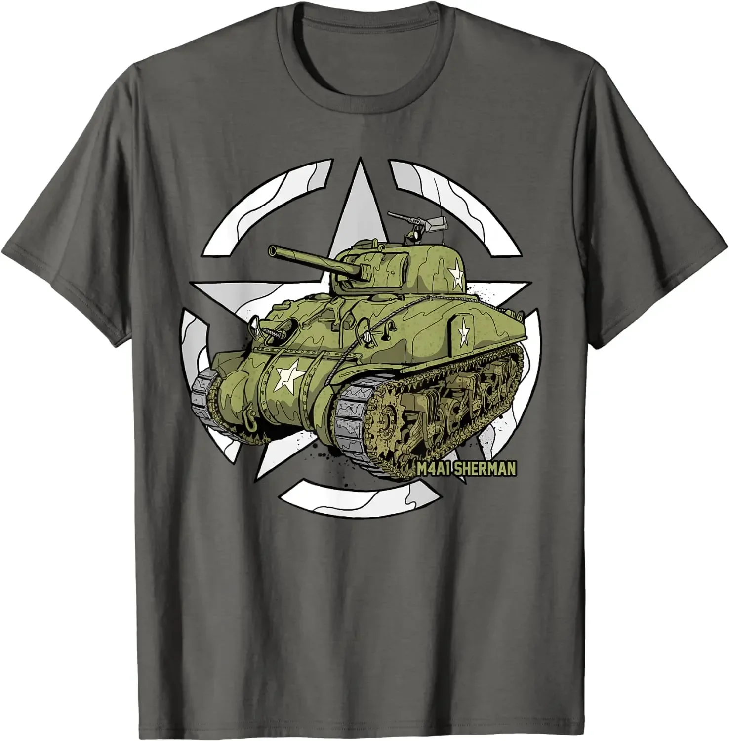 Sherman M4A1 Camiseta de manga corta con cuello redondo de algodón Retro de verano con historia del tanque del ejército de la Segunda Guerra Mundial