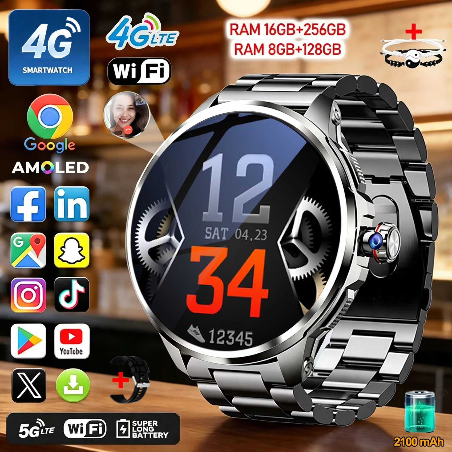 Men'S Fashion App - 5G/4G Black Smart Watch Mens 1.95