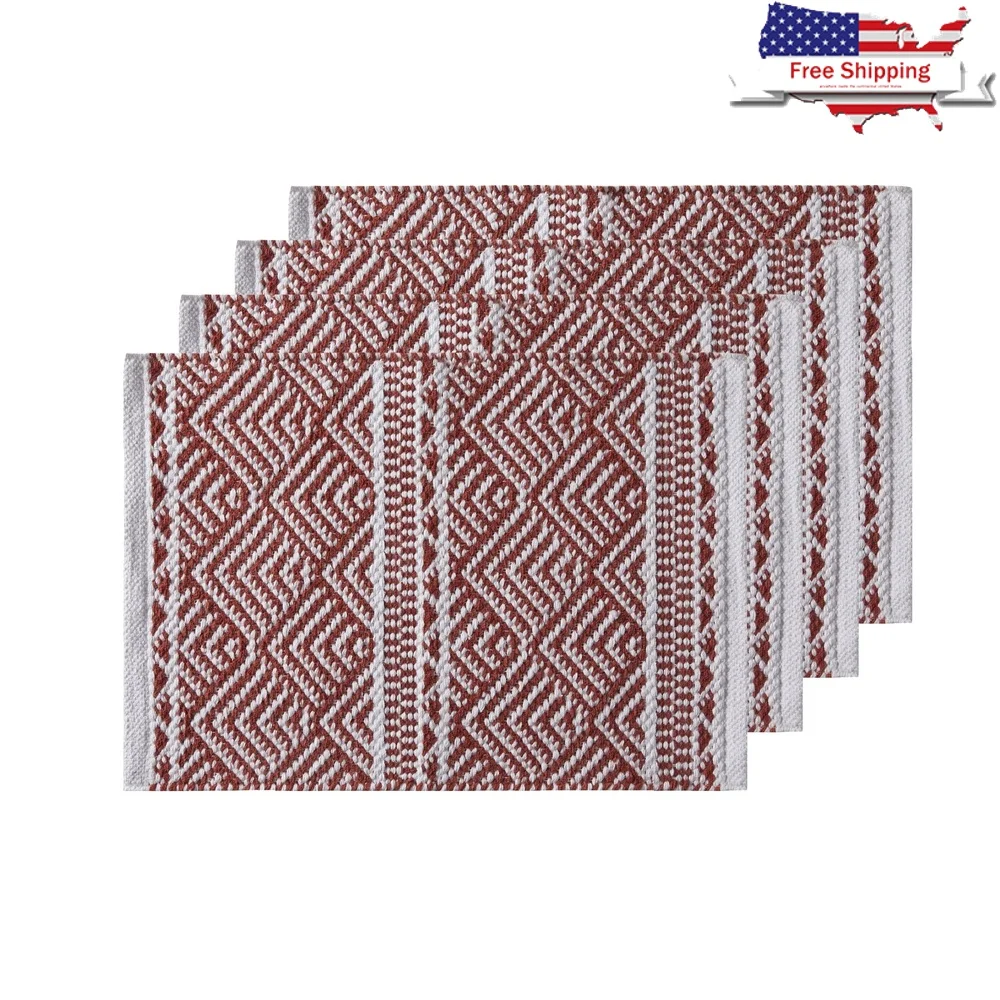 

Cotton Rich Geometric Placemats 14x20 Inches 4 Pack Table Protectors Everyday Use Machine Washable Rust Red White