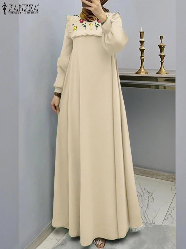 

ZANZEA Woman Muslim Abaya Robe Ruffle Trim Modest Style Long Sleeve Elegant Vestidos Hijab O-Neck Floral Embroidery Maxi Dresses