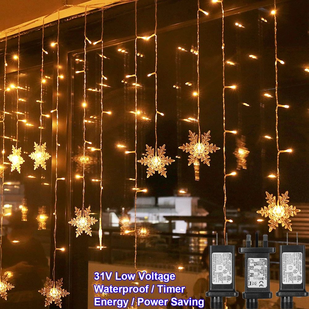 8 Modes LED Snowflake Lights Window Curtain Garland Christmas Decoration Waterproof Outdoor Fairy String Light 31V EU/US/UK Plug