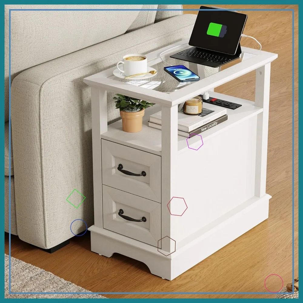 

Узкий торцевой столик с зарядной станцией, стеклянной столешницей, 2 ящиками и открытой полкой — белый приставной столик для дивана для гостиной