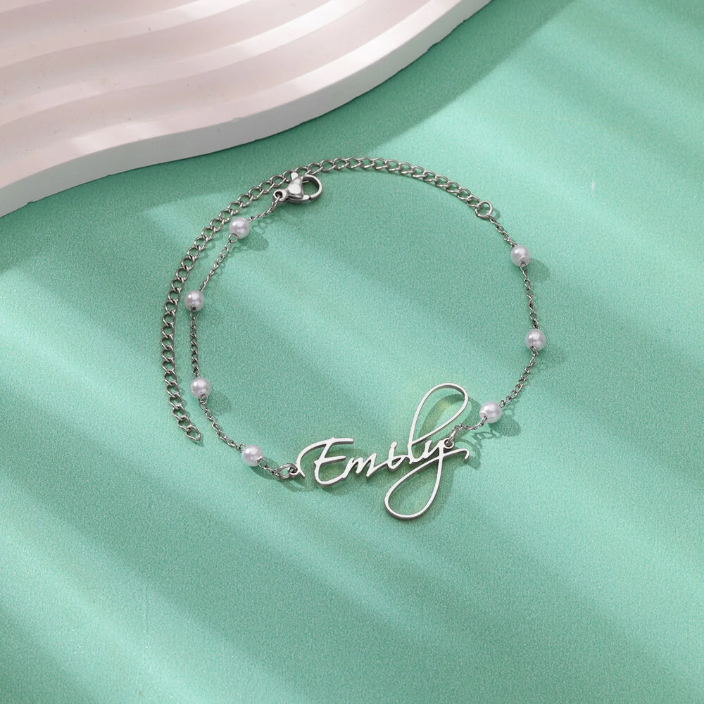 Custom Name Anklets For Women Stainless Steel Imitation Pearl Chain Customized Ankle Bracelet Female Personalized Foot Jewelry view 3