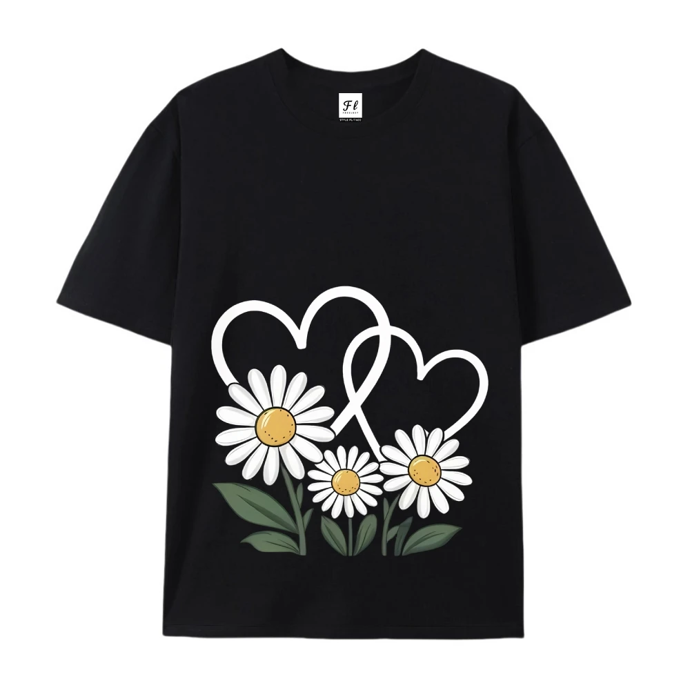 Dames casual ronde hals 100% polyester gebreide stof, korte mouw, T-shirt met hart madeliefjeprint, normale pasvorm, zomertop