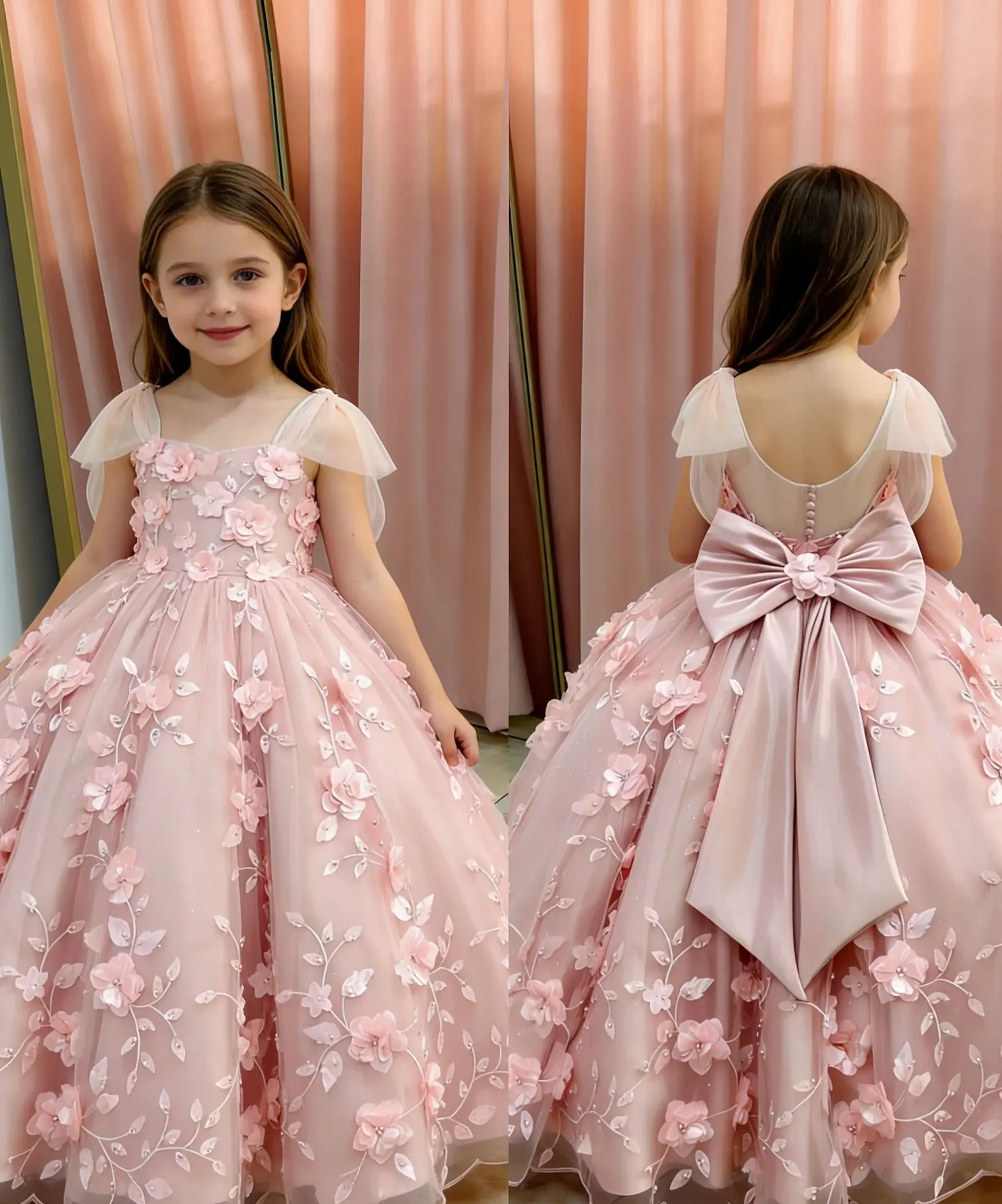 

Princess Pink Flower Girl Dress For Wedding with Bow 3D Floral Lace Appliques Girl Birthday Party First Communion Gowns Custom