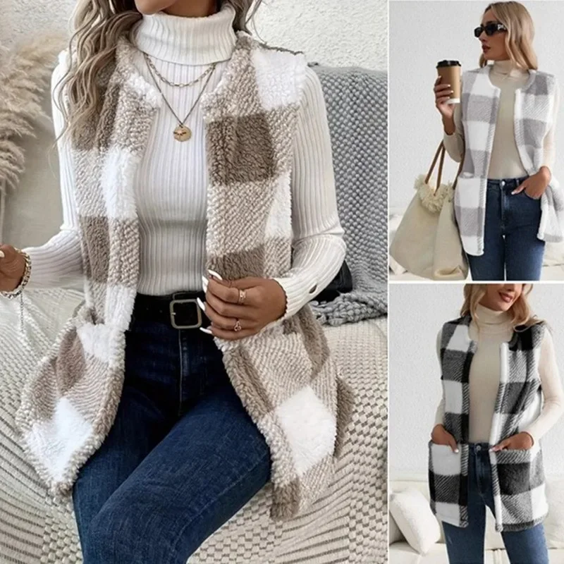 Women's Vest Casual Warm Plaid Printed Front Open Vest Coat Sleeveless Wool Jacket Pockets  Moletom Feminino  Blusas Tricot