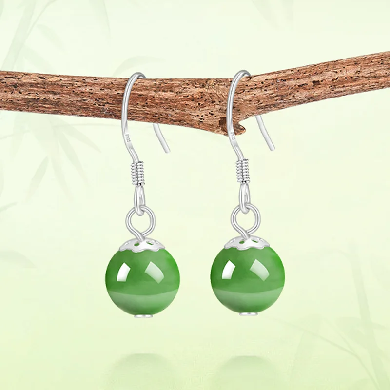 S925 Silver With Natural Hetian Jade Round Beads, Fashionable Women'S Earrings