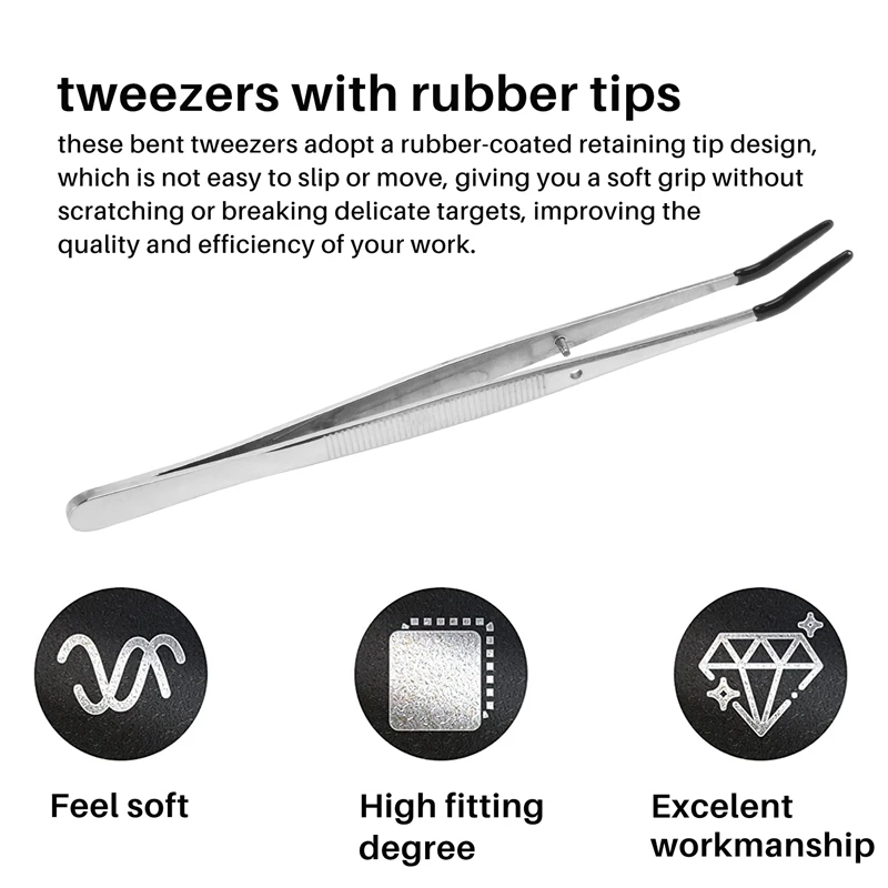 2 PCS Tweezers Curved Bent Rubber Tip Tweezers Stainless Steel Crafts Tweezers For Lab Jewelry Making