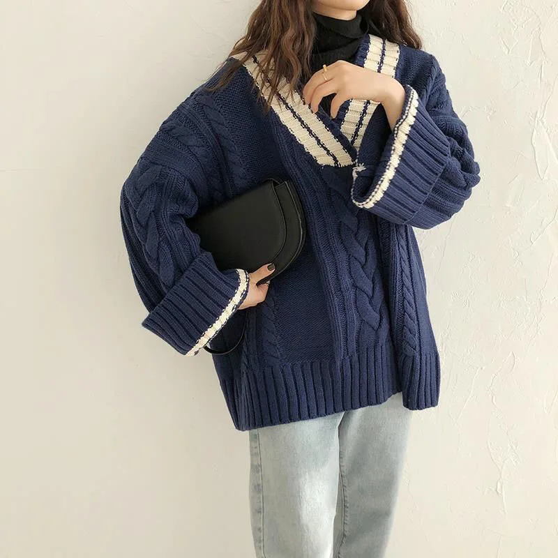 Zoki Oversize Sweet Women Sweaters Long Sleeve V Neck Vintage Lazy Wind Knitted Pullovers Korean Patchwork Casual Loose Jumper