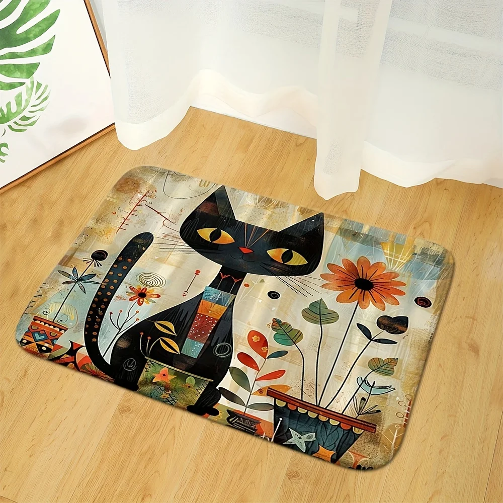 Novelty Funny Floor Mat Spanish Slogan Black Cat Silhouette Art Rug  Interesting Pet Themed Decoration for Home Entrance