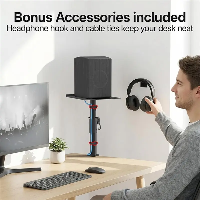 [LXYA68Z!] Cable Tie Included 1 Pair Universal Clamp-On Desk Speaker Stand, Height& Angle Adjustable Desktop Bookshelf Support