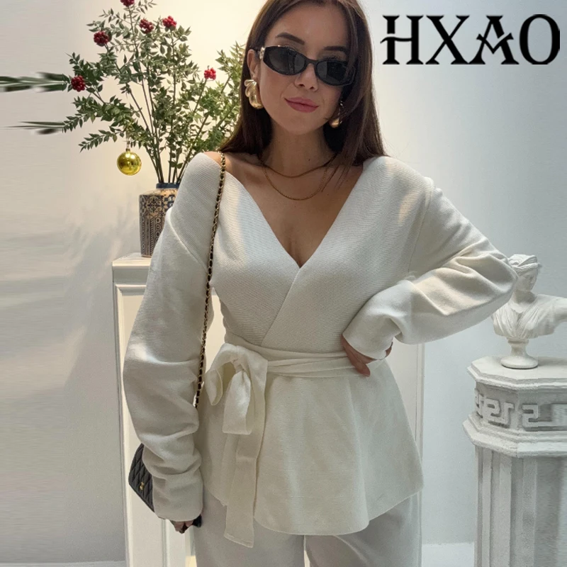 

HXAO Knit Cardigan For Women Long Sleeve Sweaters Cropped White Cardigan Outerwears Autumn Belt Elegant Red Black Cardigan