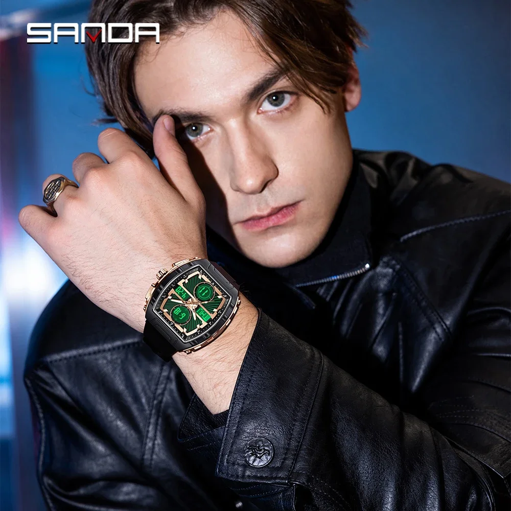 SANDA جديد 6231 ساعة رجالي إلكترونية موضة رقمية متعددة الوظائف ساعة سيليكون مقاوم للماء تاريخ أسبوعي ساعة رجالي