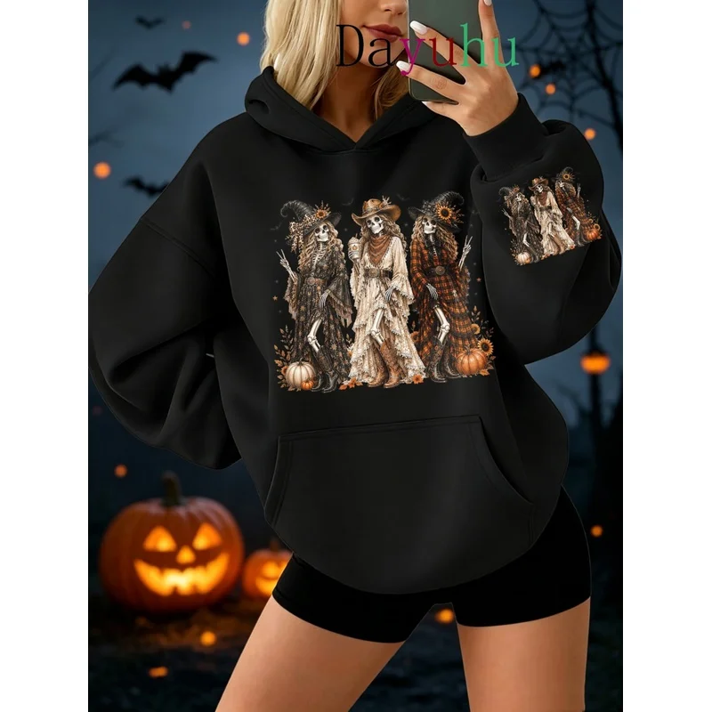 Vintage Oversized Pullover Hoodie Halloween Skeleton Witches Plaid Dresses Pumpkins Bats Autumn Winter Streetwear Women Clothes