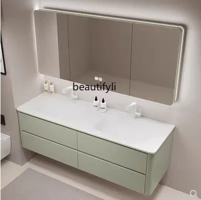 

45Stone Plate Seamless Ceramic Double Basin Bathroom Cabinet Combination Solid Wood Large Apartment Wash Basin Washbasin