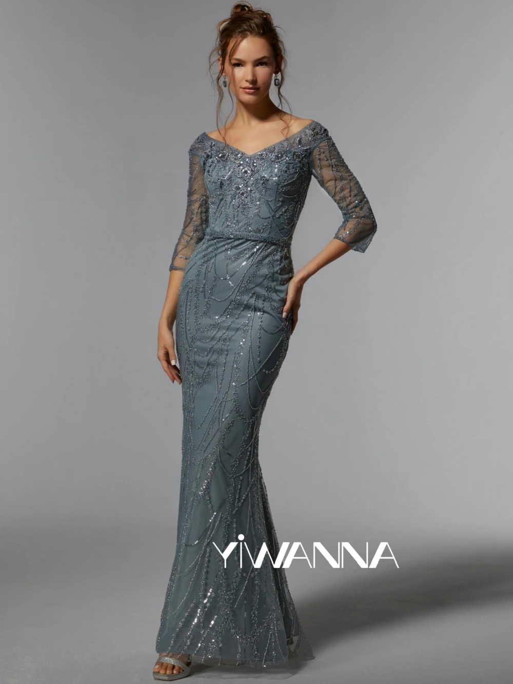 Precioso vestido de madre de la novia con cuentas brillantes para boda, vestido de fiesta de manga 3/4 con cuello en V, vestido de noche de sirena de tul personalizado