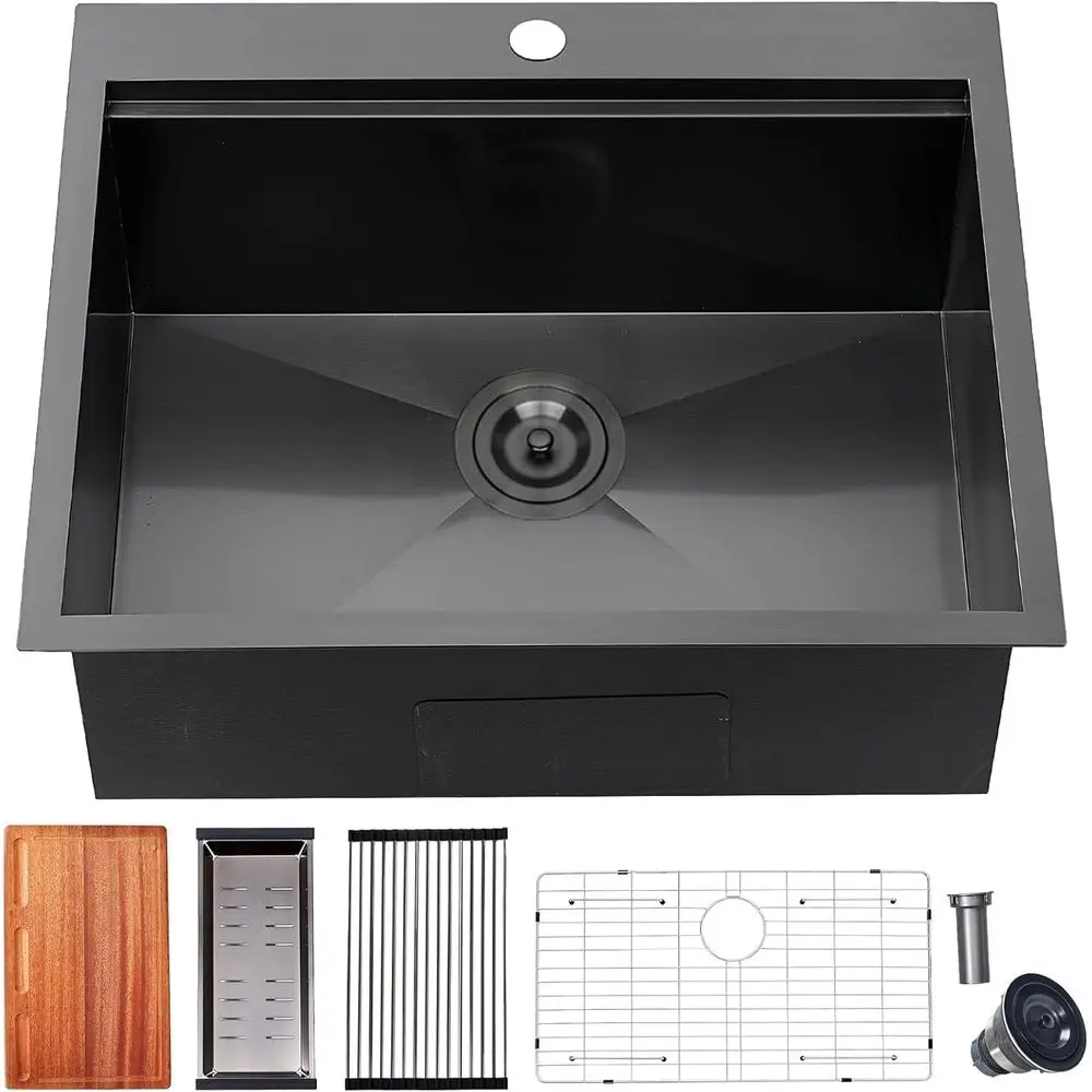 

Кухонная мойка 25 дюймов, черная, встраиваемая — раковина 25x22 дюйма, с верхним креплением, с полкой-столешницей, из нержавеющей стали 16 калибра, ручной работы, с одной чашей