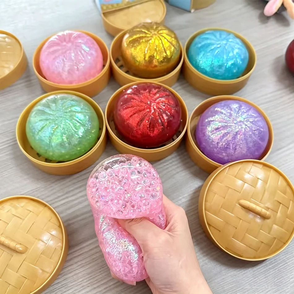 New Realistic Giant Dumpling Squeeze Toy with Bamboo Steamer Soft TPR Dough Ball Decompression Fidget Toy Creative Funny Gifts