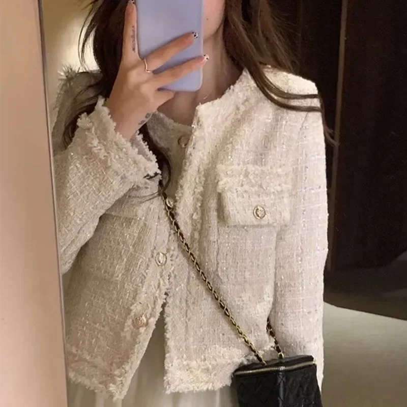 

HJLZWB New Fashion Korean Chic Vintage Tweed Woolen Jacket Coat Women Autumn Single Breasted Plaid Tassel Office Lady Outwea2024