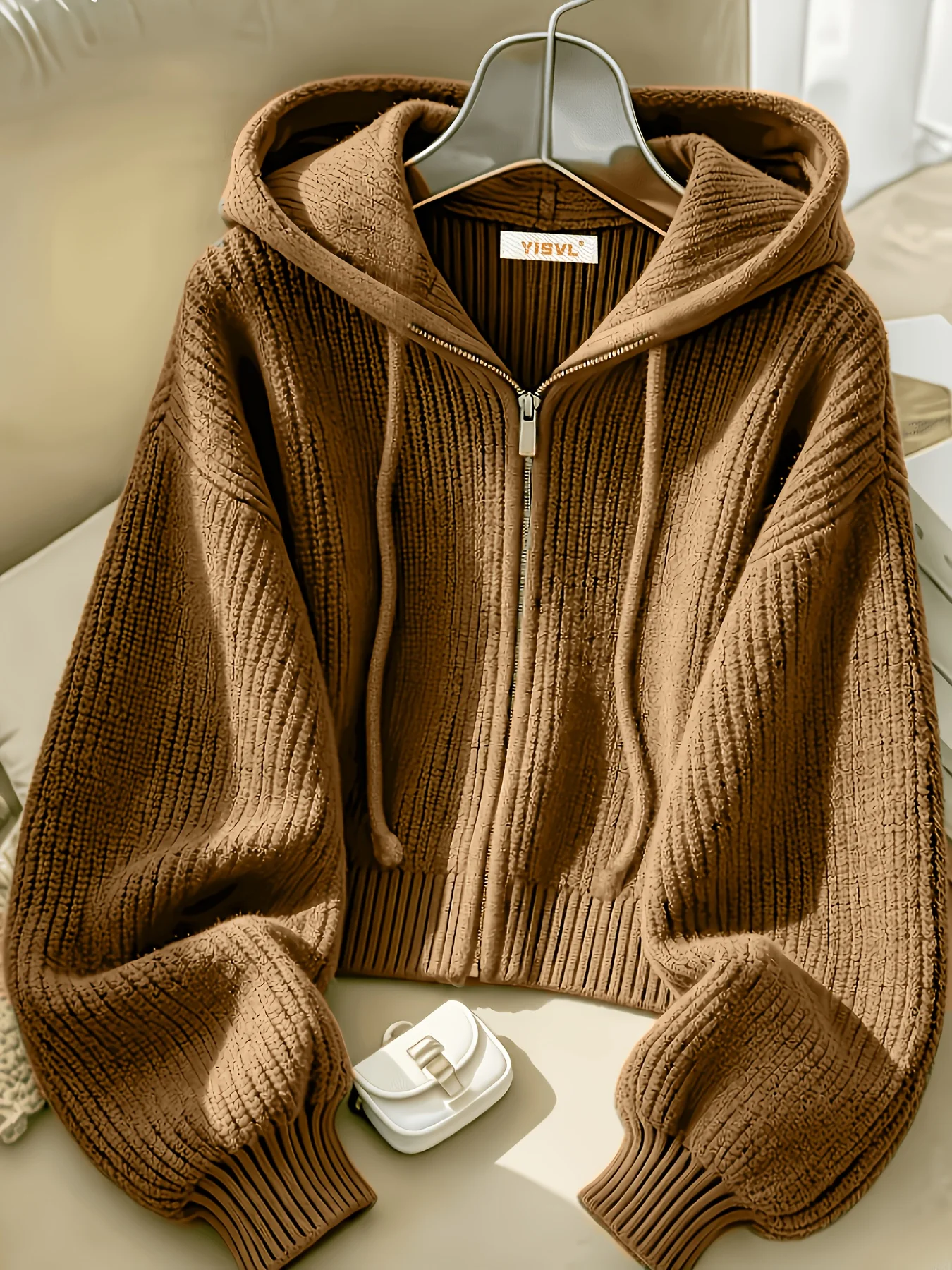 Women Zip Front Hooded Knit Sweater Solid Minimalist Lantern Sleeve Loose Soft Casual Hoodie Autumn Winter Female Apparel
