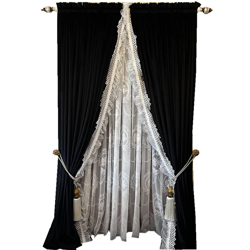 Custom Upscale Vintage French living room black velvet lace curtain bedroom  cloth blackout curtain tulle drape C1955