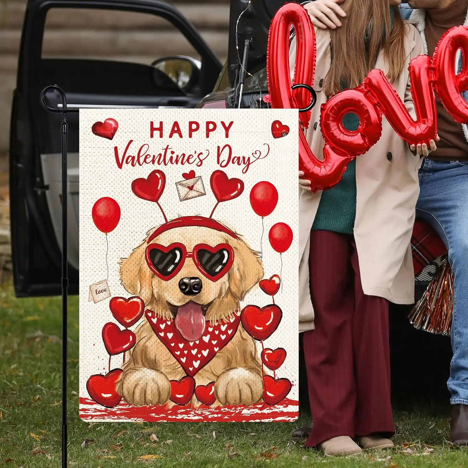 Golden Retriever Valentines Day Garden Flag 12x18 Double Sided, Happy Valentines Day Puppy Dog Garden Flag, Burlap Red Love Anni