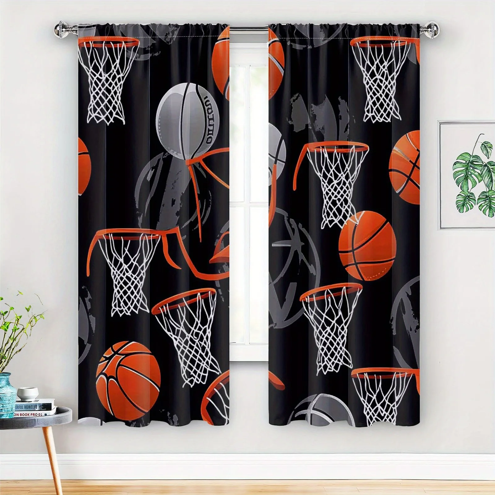 Orange Basketball Hoop Gray Ball Black Background Blackout Rod Pocket Curtain Sport Cool Elegant Teen Bedroom Rest Bay Window