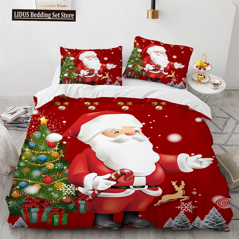 

Christmas Tree Deer Santa Claus Printed Duvet Cover Set For Kids Teen Christmas Gift Bedding Set King Polyester Comforter Cover