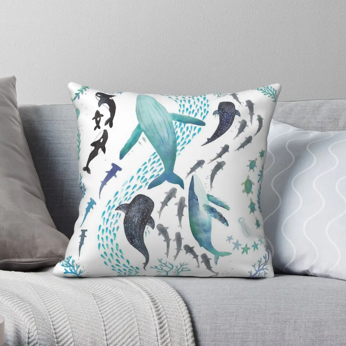 Sharks Humpback Whales Orcas Turtles Square Pillowcase Polyester Linen Velvet Printed Zip Decor Pillow Case Home Cushion Cover