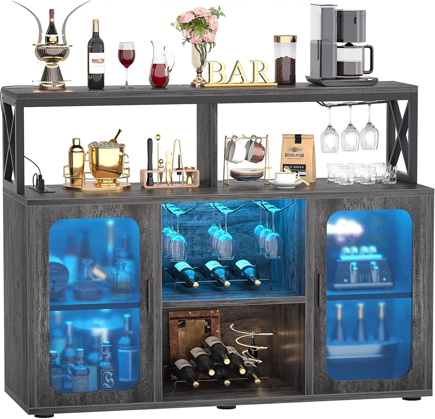 Aheaplus Bar Cabinet With Power Outlets, Liquor Cabinet With Led Lights And Glass Holder, Storage Buffet Cabinet Coffee Bar