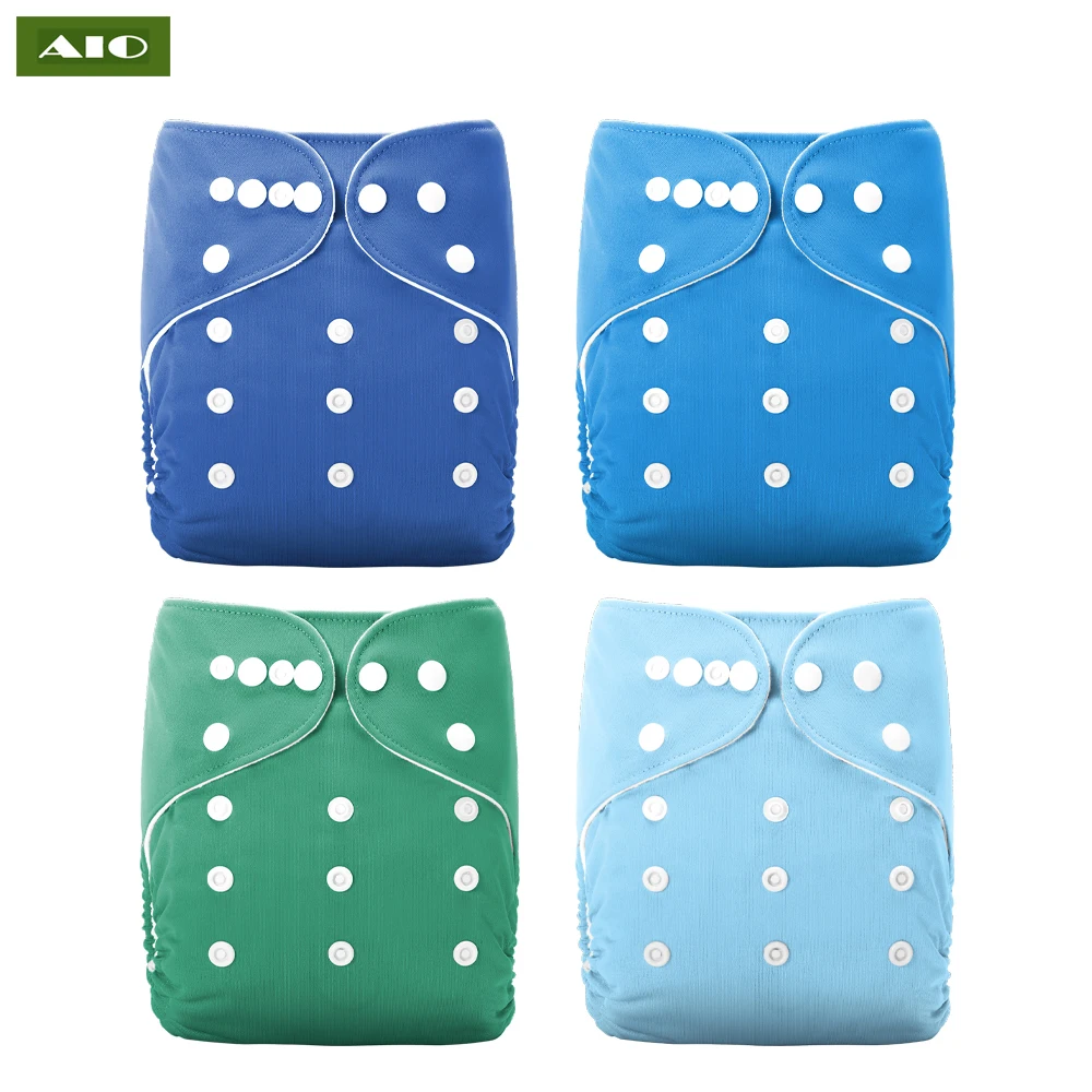 

[AIO] 4pcs/set Washable Baby Cloth Diaper Double Row Snap Pocket Diapers Solid Color ECO-Friendly Nappy Reusable For 3-15KG babi